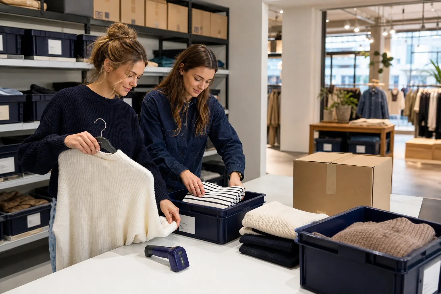 Alternatief Lightspeed: kies op basis van je retailproces: Twee winkelmedewerkers staan naast elkaar aan een robuuste paktafel; één houdt een kledingartikel met hanger vast, de ander plaatst een opgevouwen item in een voorraadbak. Hun gez;