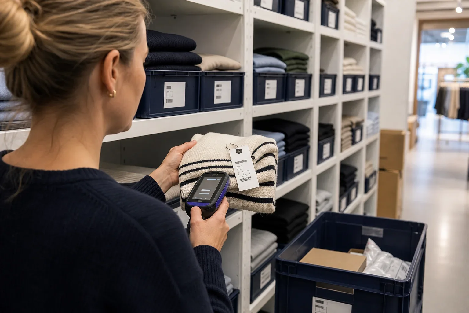 EDI retail koppelen aan voorraad en verkoop: Eén winkelmedewerker staat alleen centraal tussen de voorraadstellingen; geen klanten, leveranciers of collega’s in beeld.; De medewerker scant een net binnengekomen kledingstuk en plaatst het di