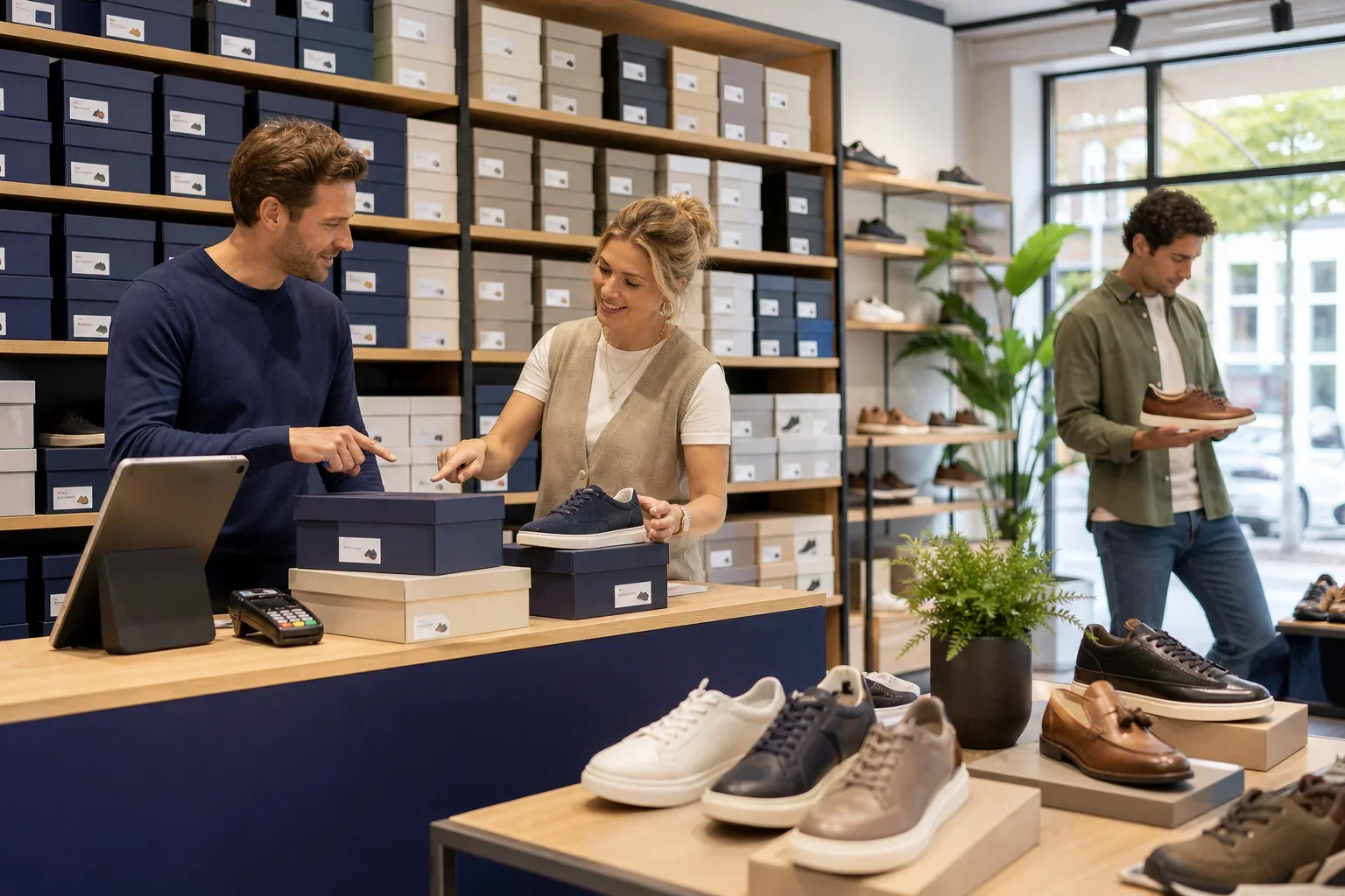 Kassasysteem schoenenwinkel voor overzicht in maten en voorraad: Drie volwassenen vormen een klein team: een ondernemer achter het afrekenmeubel, een medewerker naast de displaytafel en een klant die op enige afstand een schoen bekijkt; nie