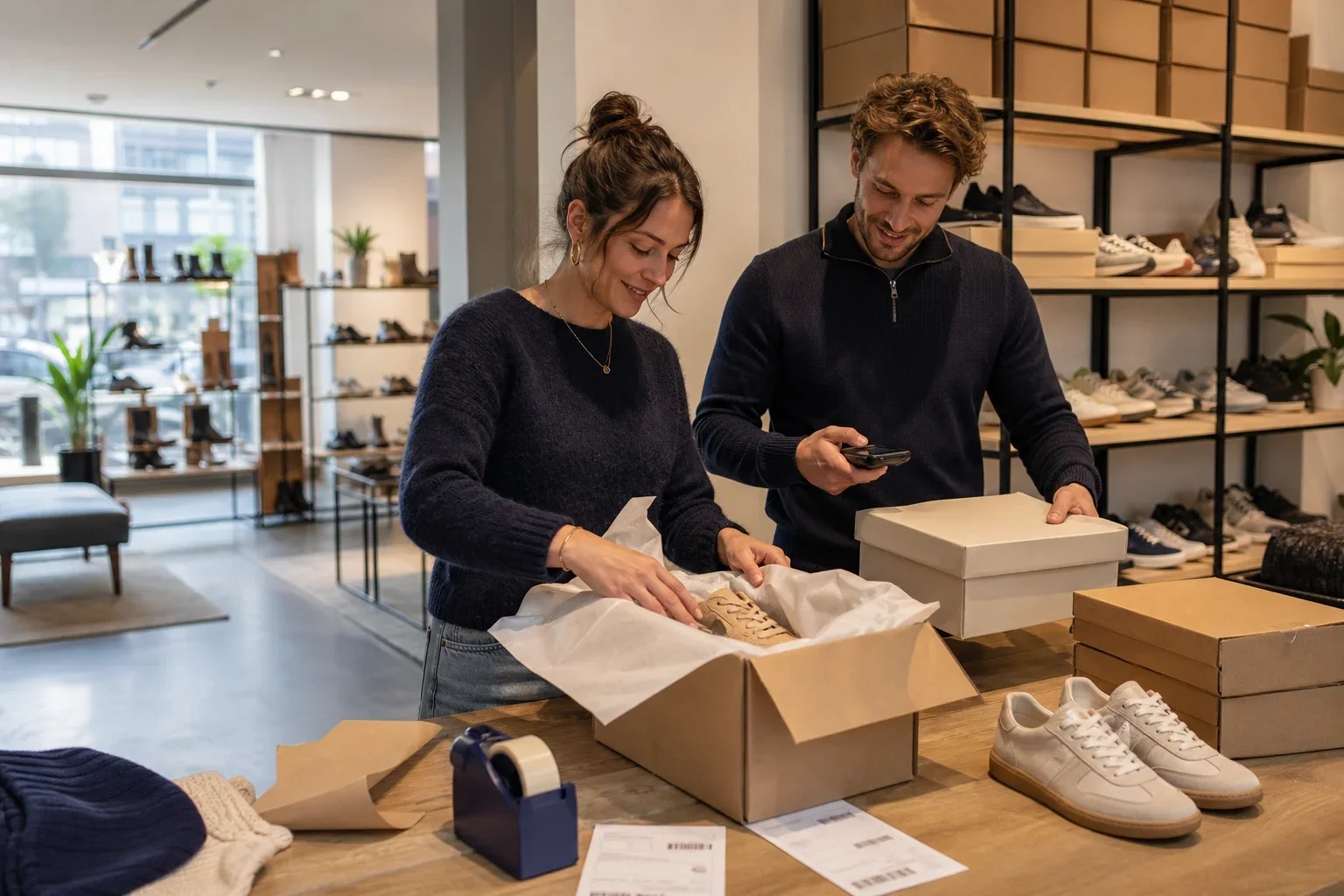 Van winkelvloer tot webshop in één Kassasysteem schoenenwinkel: Twee volwassen winkelcollega’s staan naast elkaar aan de paktafel; één richt zich op het inpakken van een bestelling, de ander houdt een schoenendoos klaar. Hun gezichten zijn
