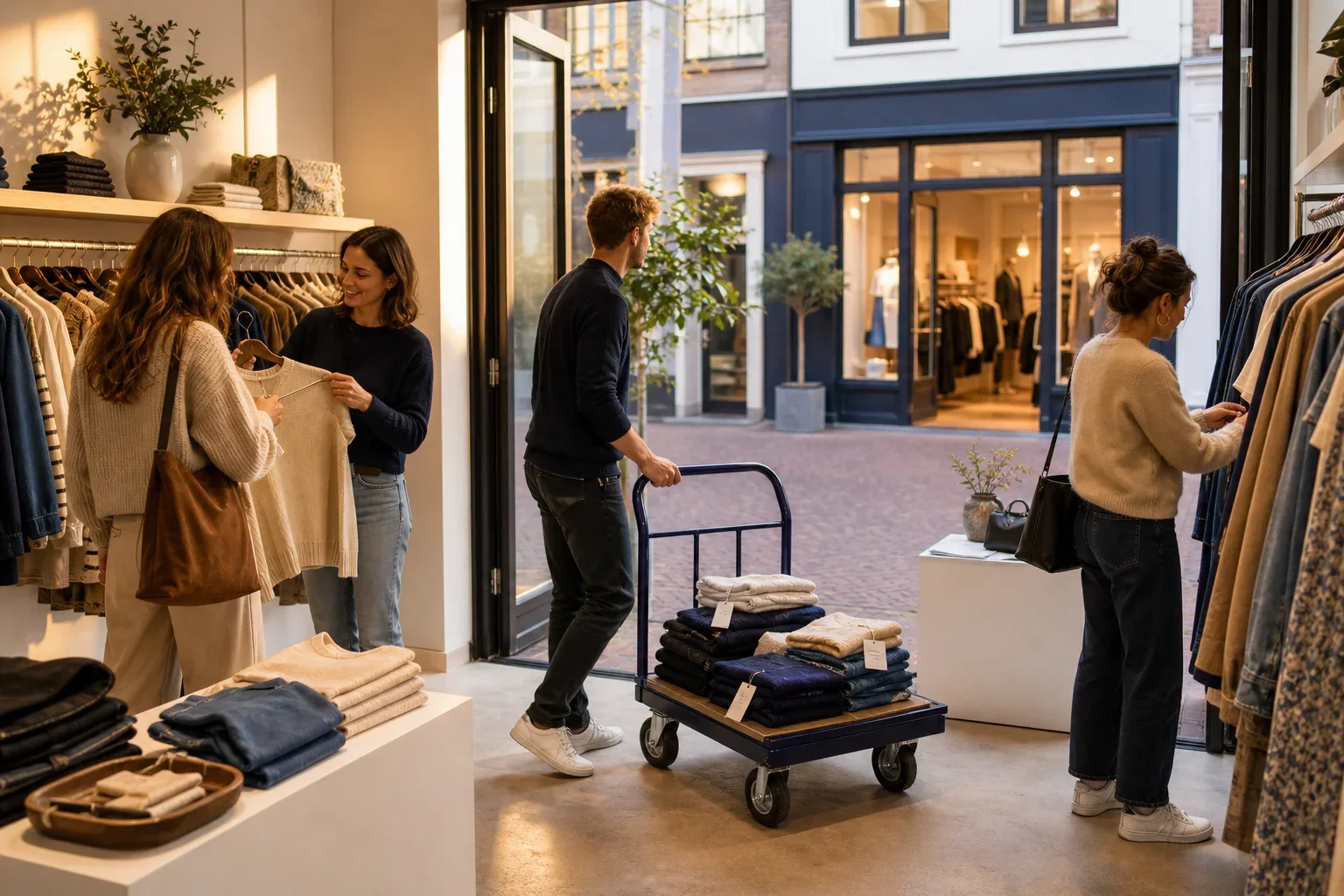 Van startende winkel tot meerdere filialen: Vier personen in een natuurlijk winkelmoment: twee medewerkers bij de entree en twee klanten die verspreid door de zaak kleding bekijken. Niemand poseert of kijkt in de camera.; Een medewerker hel