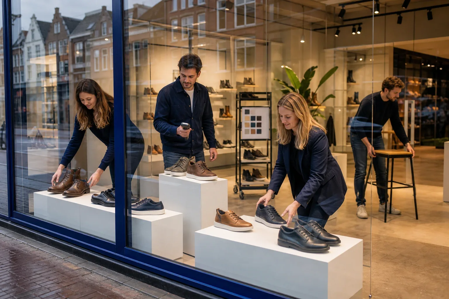 Werk slimmer met Kassasysteem schoenenwinkel en realtime inzicht: Vier volwassen teamleden zijn natuurlijk over de etalagezone verdeeld: twee werken bij de schoenenpresentatie, één houdt een klein handapparaat vast en één zet een losse kruk