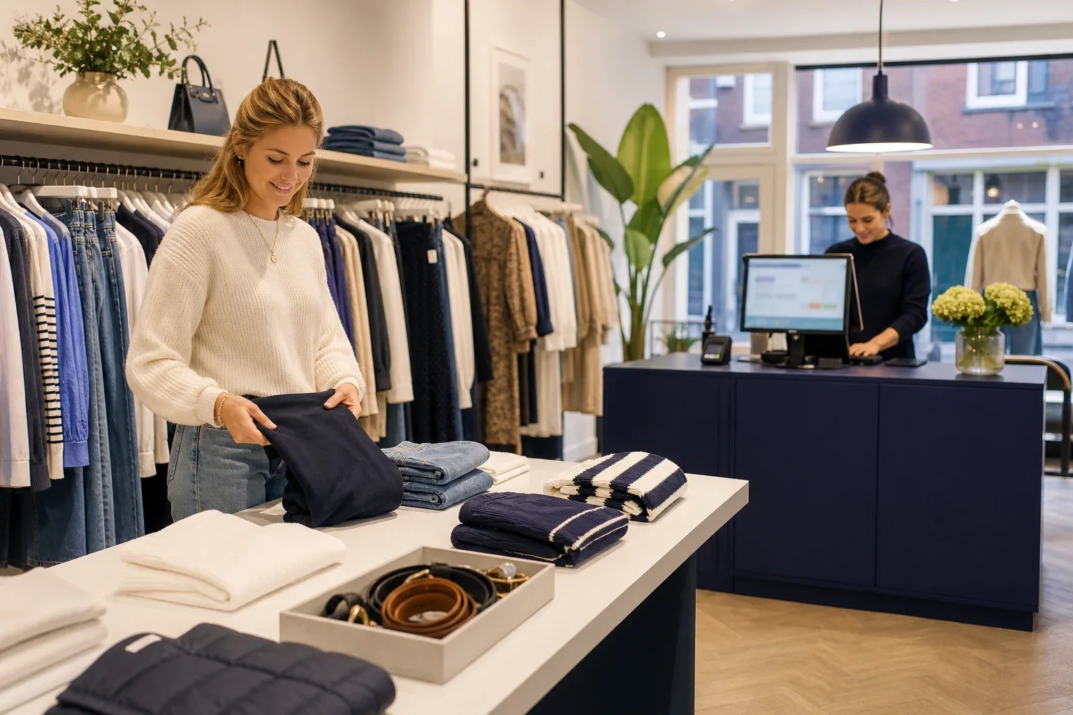 Werk vanuit één actueel retailoverzicht: Twee winkelcollega’s bevinden zich op enige afstand van elkaar in dezelfde verkoopruimte: één bij de displaytafel en één bij de kassa; er zijn geen klanten in beeld.; De collega bij de displaytafel l