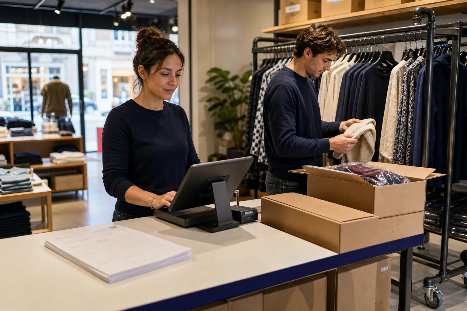 Waarom EDI retail overzicht brengt in je winkel: Twee volwassen winkelmedewerkers werken naast elkaar: één medewerker bij een compacte kassaterminal op de werktafel, de ander bij het rolrek met enkele gevouwen, ongelabelde dozen.; De medewe