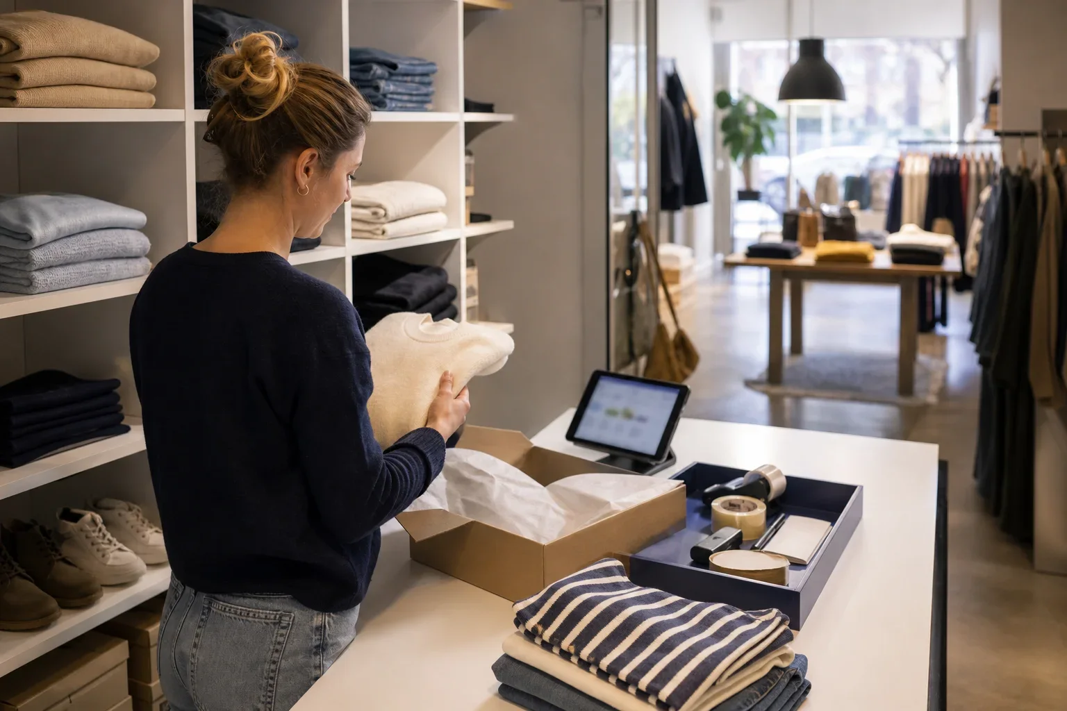 Waarom retailers een alternatief Lightspeed overwegen: Een winkelondernemer staat alleen aan een werktafel naast de voorraadstellingen; de verkoopvloer is vaag zichtbaar door een open doorgang op de achtergrond, zonder balie of klantop; De